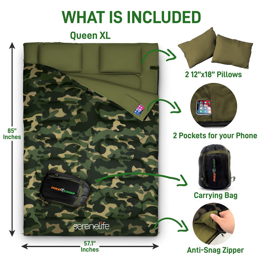 Double Sleeping Bag w/ 2 Pillows, Waterproof, Lightweight, Camouflage