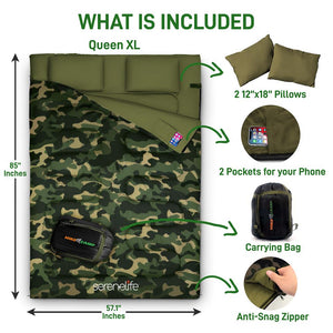 Double Sleeping Bag w/ 2 Pillows, Waterproof, Lightweight, Camouflage