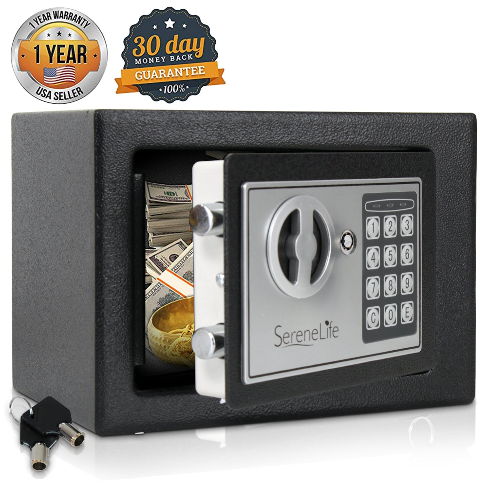 Compact Electronic Safe Box With Mechanical Override, Includes Keys