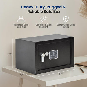 Compact Electronic Safe Box With Mechanical Override, Includes Keys