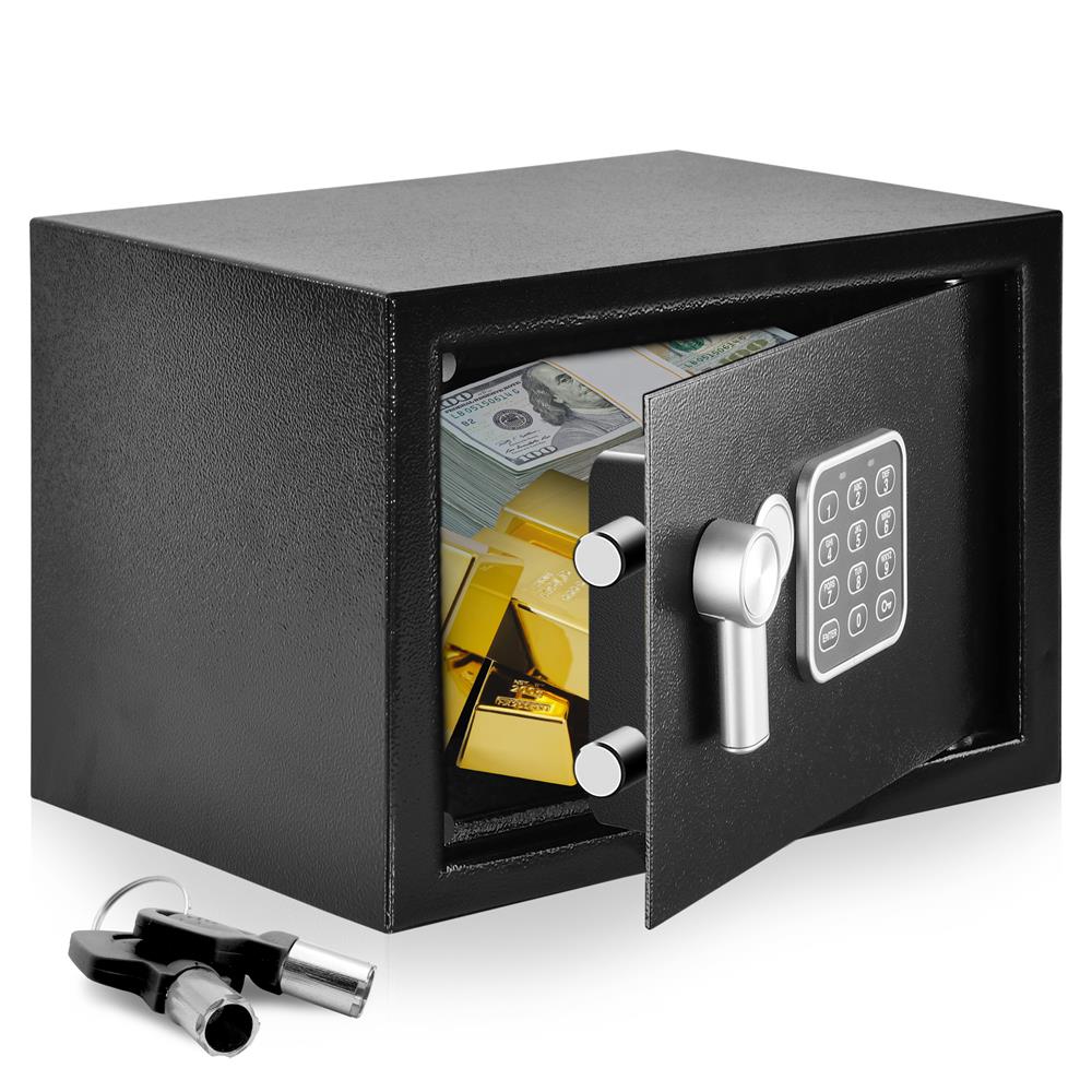 Compact Electronic Safe Box With Mechanical Override, Includes Keys