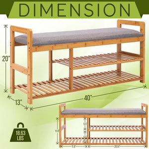 3 Tier Bamboo Shoe Bench - 2-In-1 Shoe Organizer With Seat Cushion Bench