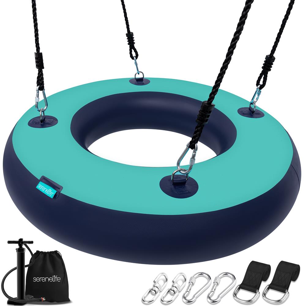 36" Inflatable Tire Swing With Hang Kit - Indoor/Outdoor Hanging Rope Swinging Seat Spinner With Swivel, Hand Pump, Carry Bag