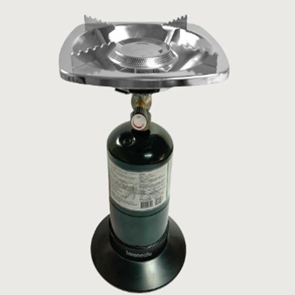 Serenelife Single Burner Stove With Electroplated Metal Pot Support, Square Heating Plate, Built-In Gas Control Valve, And Heat-Resistant Round Black Plastic Base For Outdoor Adventures And Emergency Use (Black)