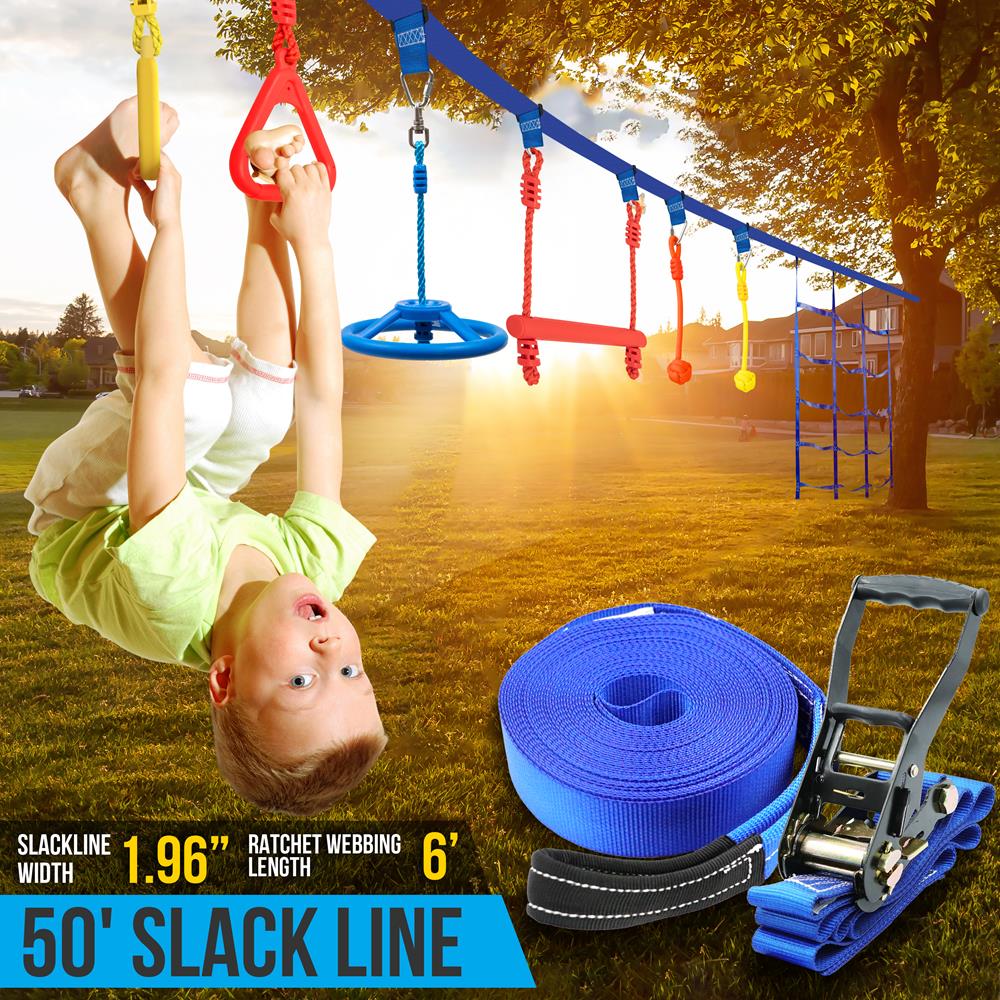 Ninja Warrior Obstacle Course For Kids - Hanging 50’ Ninja Warrior Slackline Kit Training Equipment For Kids And Adults With 13 Accessories