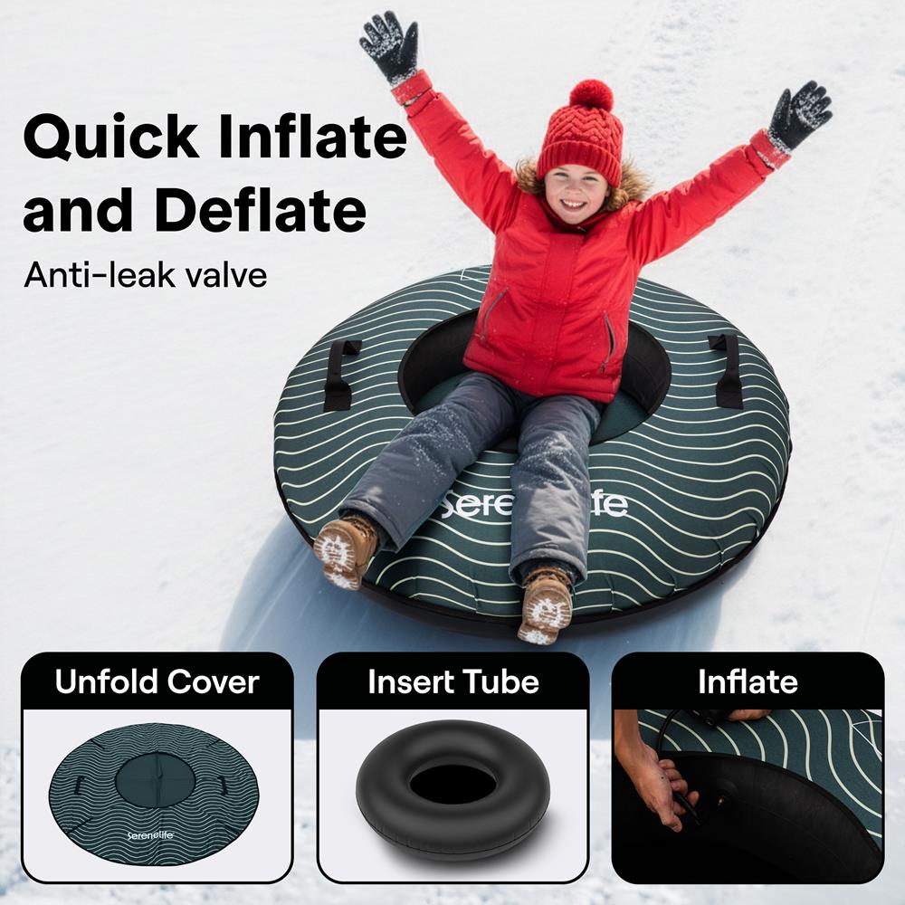 Serenelife 40'' Inflatable Snow Tube For Winter Sports – Durable, Easy-To-Inflate Snow Sled For Kids & Adults – Safe & Fun For Snow Tubing, Sliding, And Sledding (Green)