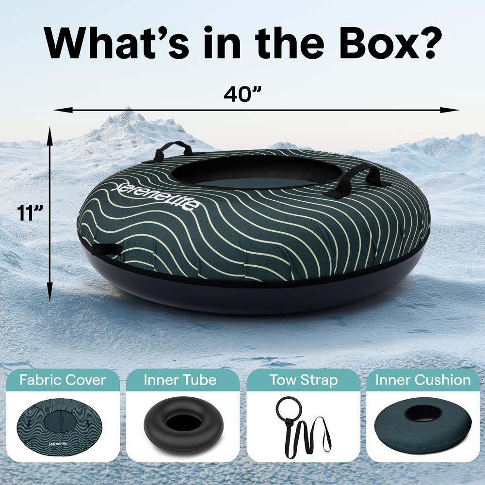 Serenelife 40'' Inflatable Snow Tube For Winter Sports – Durable, Easy-To-Inflate Snow Sled For Kids & Adults – Safe & Fun For Snow Tubing, Sliding, And Sledding (Green)