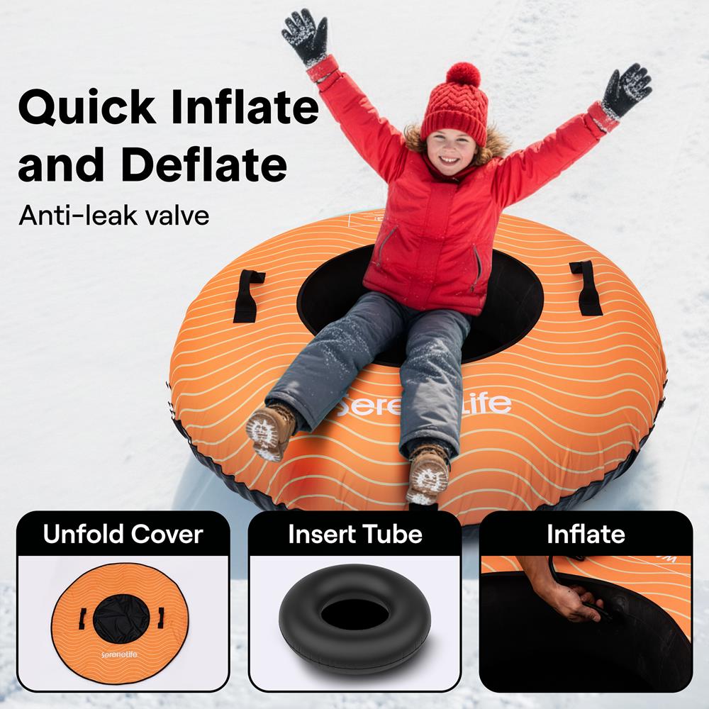 Serenelife 48'' Inflatable Snow Tube For Winter Sports – Durable, Easy-To-Inflate Snow Sled For Kids & Adults – Safe & Fun For Snow Tubing, Sliding, And Sledding (Orange)