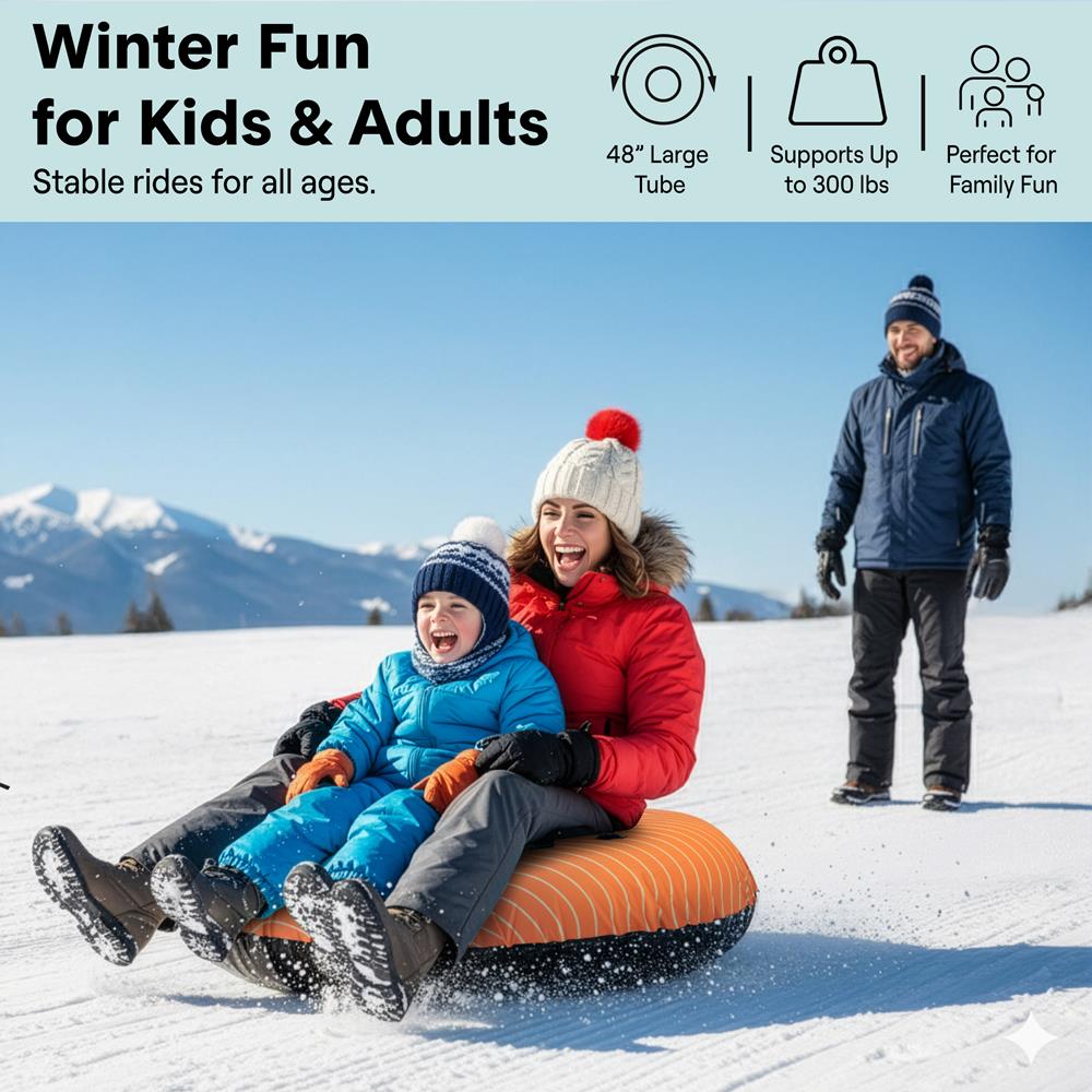 Serenelife 48'' Inflatable Snow Tube For Winter Sports – Durable, Easy-To-Inflate Snow Sled For Kids & Adults (Orange)