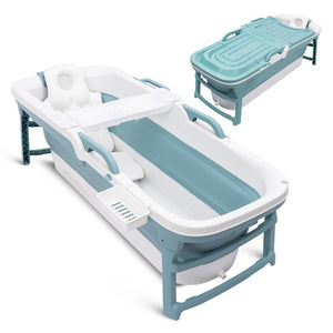 1.5M Foldable Bathtub Set - Includes Lid, Tray, Bag, Stretch Drainage Pipe, Bath Cushion And Massage Rollers For Indoor And Outdoor Use (Blue)