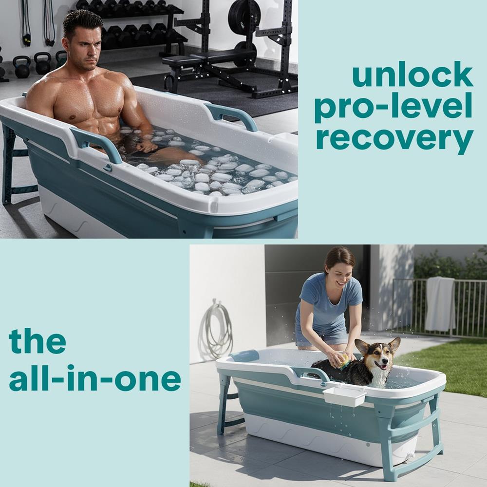 1.5M Foldable Bathtub Set - Includes Lid, Tray, Bag, Stretch Drainage Pipe, Bath Cushion And Massage Rollers For Indoor And Outdoor Use (Blue)