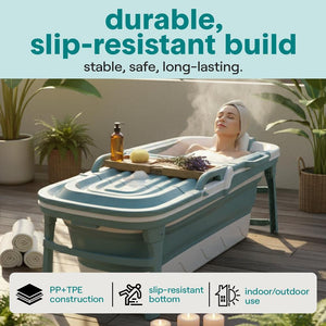1.5M Foldable Bathtub Set - Includes Lid, Tray, Bag, Stretch Drainage Pipe, Bath Cushion And Massage Rollers For Indoor And Outdoor Use (Blue)