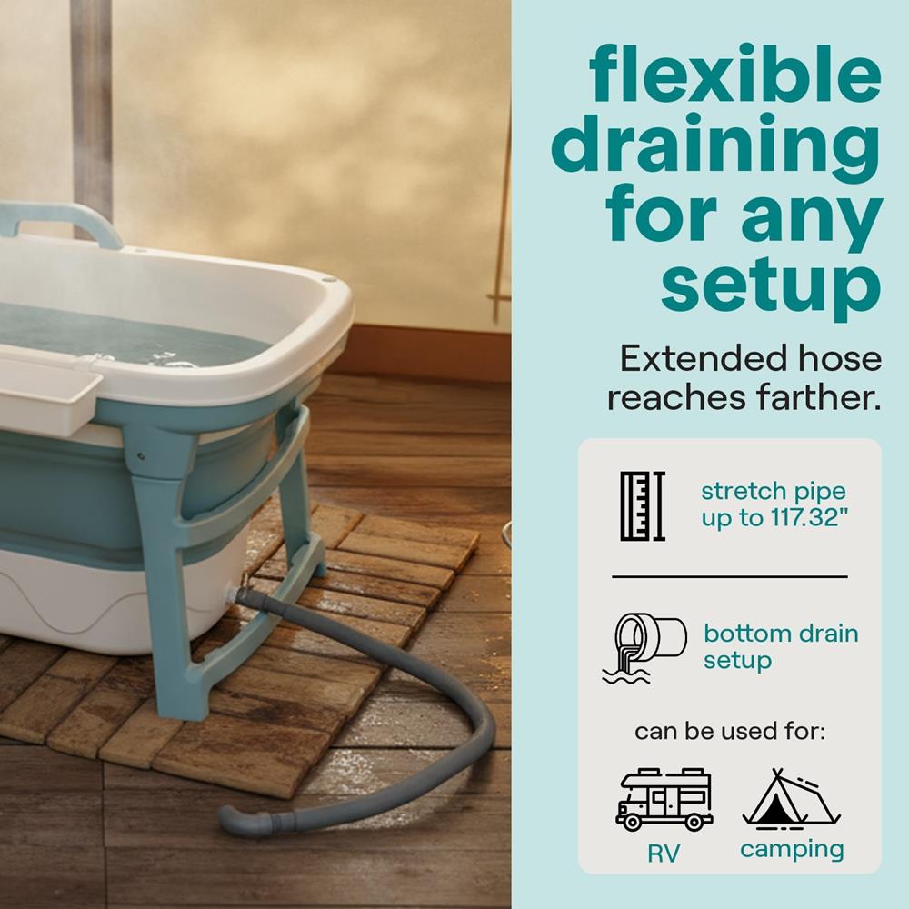 1.5M Foldable Bathtub Set - Includes Lid, Tray, Bag, Stretch Drainage Pipe, Bath Cushion And Massage Rollers For Indoor And Outdoor Use (Blue)