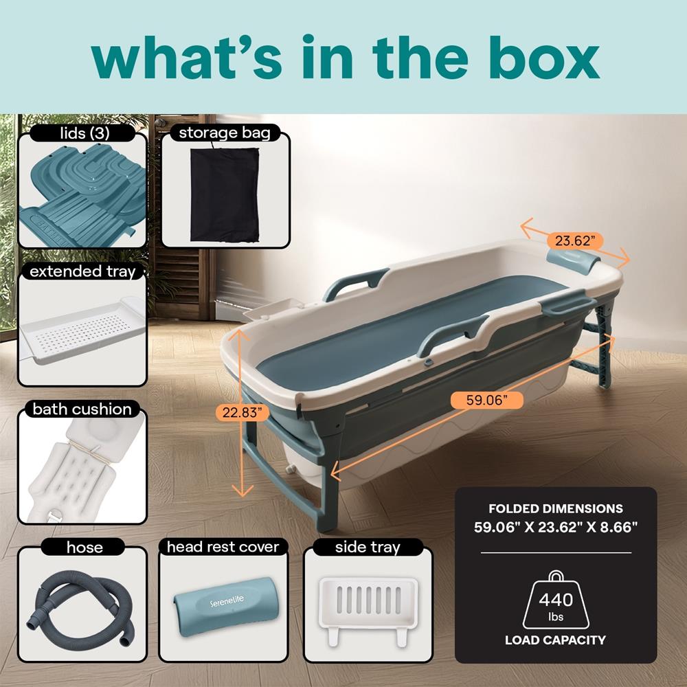 1.5M Foldable Bathtub Set - Includes Lid, Tray, Bag, Stretch Drainage Pipe, Bath Cushion And Massage Rollers For Indoor And Outdoor Use (Blue)