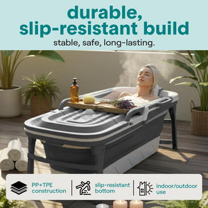 1.5M Foldable Bathtub Set - Includes Lid, Tray, Bag, Stretch Drainage Pipe, Bath Cushion And Massage Rollers For Indoor And Outdoor Use (Dark Gray)