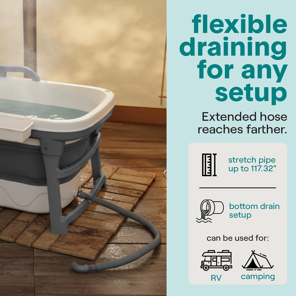 1.5M Foldable Bathtub Set - Includes Lid, Tray, Bag, Stretch Drainage Pipe, Bath Cushion And Massage Rollers For Indoor And Outdoor Use (Dark Gray)