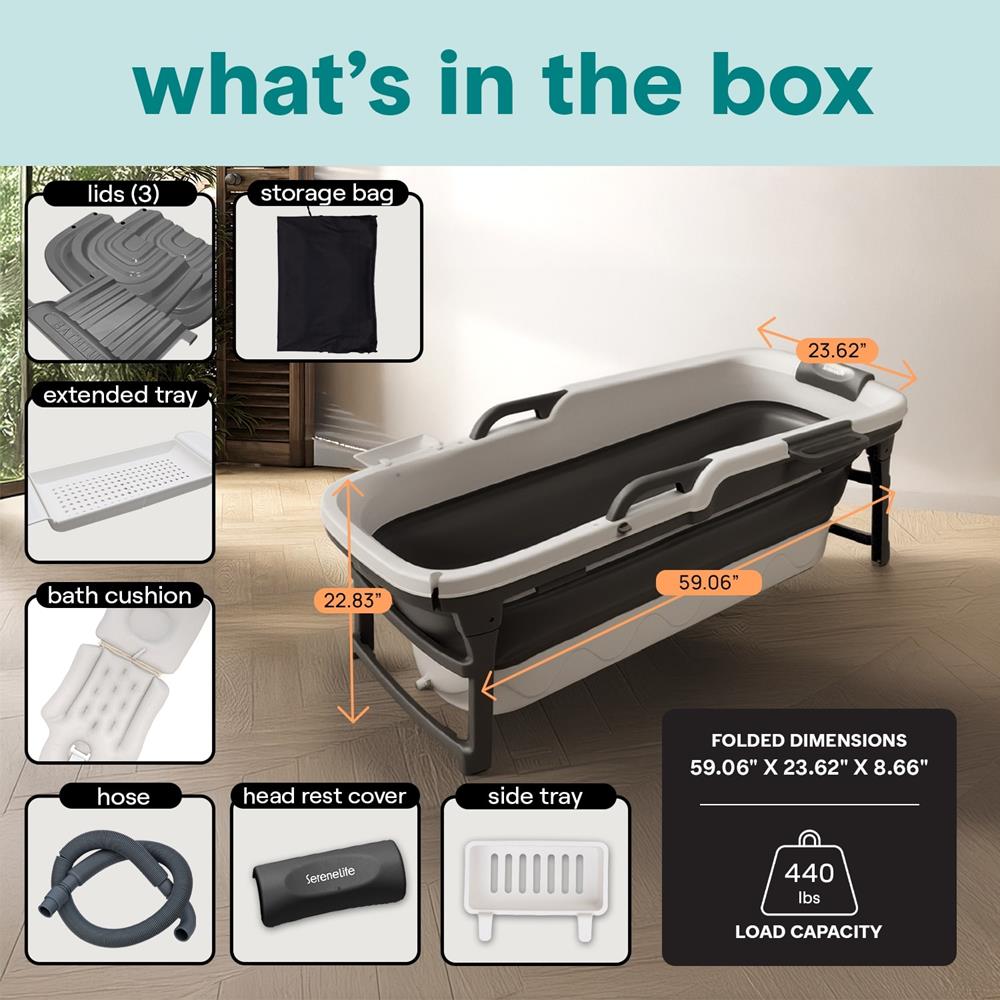 1.5M Foldable Bathtub Set - Includes Lid, Tray, Bag, Stretch Drainage Pipe, Bath Cushion And Massage Rollers For Indoor And Outdoor Use (Dark Gray)