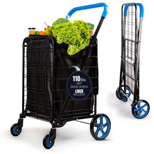 Heavy Duty Foldable Shopping Cart With Removable Cart Liner, 360 Degree Rolling Swivel Wheels, And Adjustable Handle, 110 Lbs. Weight Capacity For Groceries, Laundry, Luggage, And More