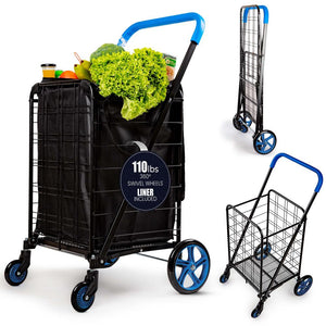 Heavy Duty Foldable Shopping Cart With Removable Cart Liner, 360 Degree Rolling Swivel Wheels, And Adjustable Handle, 110 Lbs. Weight Capacity For Groceries, Laundry, Luggage, And More