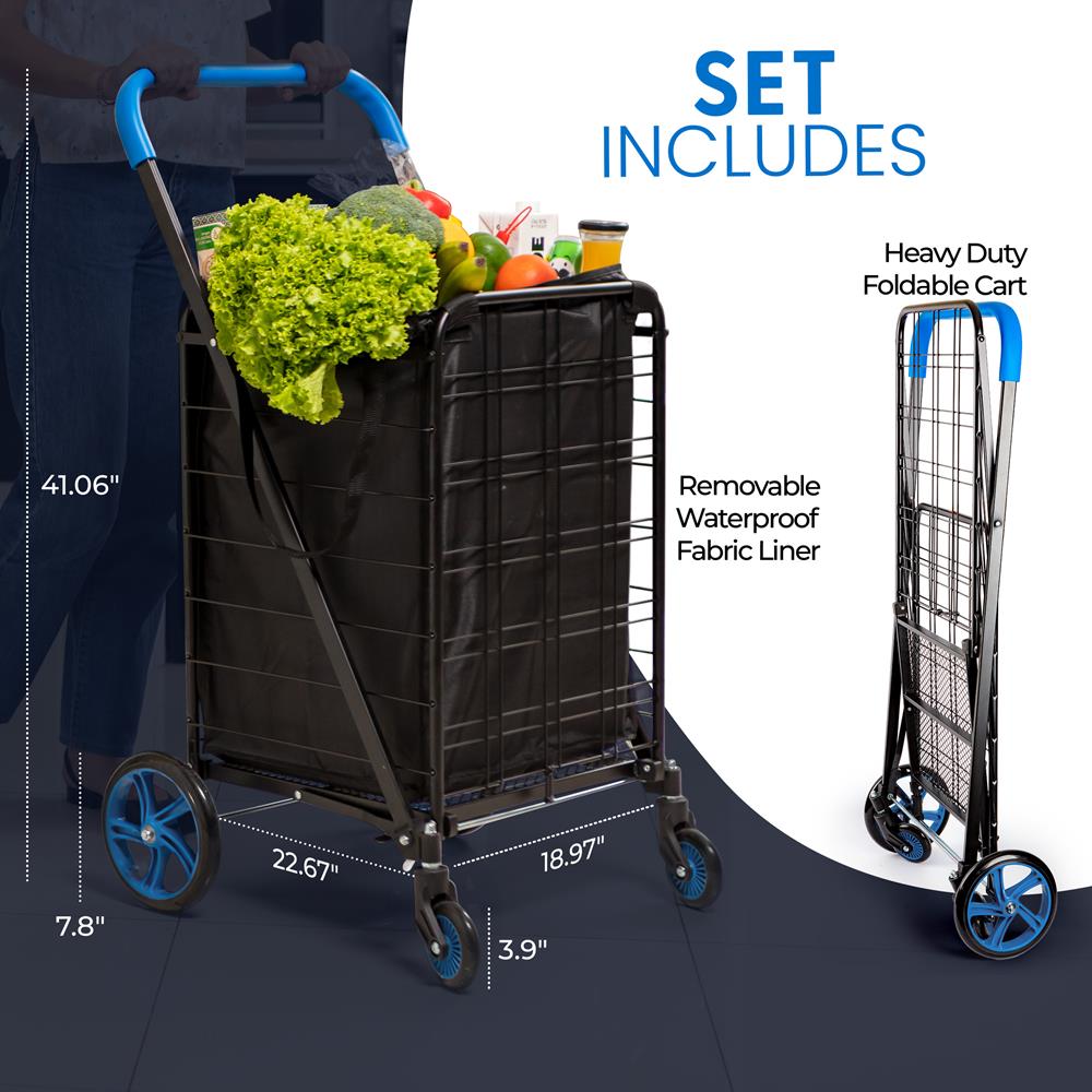 Heavy Duty Foldable Shopping Cart With Removable Cart Liner, 360 Degree Rolling Swivel Wheels, And Adjustable Handle, 110 Lbs. Weight Capacity For Groceries, Laundry, Luggage, And More