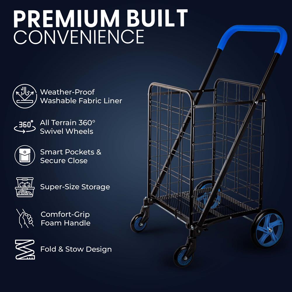 Heavy Duty Foldable Shopping Cart With Removable Cart Liner, 360 Degree Rolling Swivel Wheels, And Adjustable Handle, 110 Lbs. Weight Capacity For Groceries, Laundry, Luggage, And More