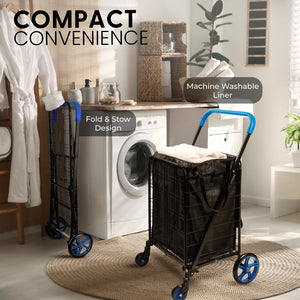 Heavy Duty Foldable Shopping Cart With Removable Cart Liner, 360 Degree Rolling Swivel Wheels, And Adjustable Handle, 110 Lbs. Weight Capacity For Groceries, Laundry, Luggage, And More