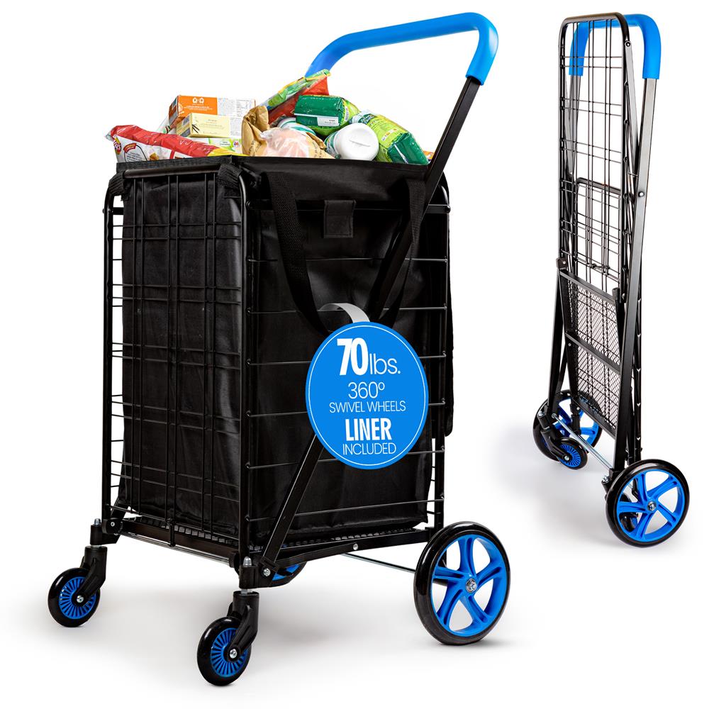 Small Foldable Shopping Cart With Removable Cart Liner, 360 Degree Rolling Swivel Wheels, 70 Lbs. Weight Capacity For Groceries, Laundry And Luggage (Blue)