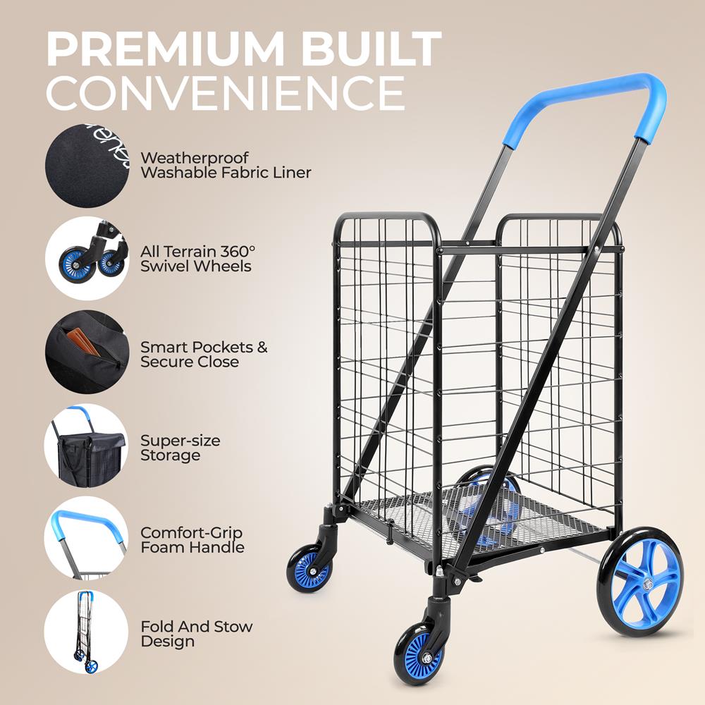 Small Foldable Shopping Cart With Removable Cart Liner, 360 Degree Rolling Swivel Wheels, 70 Lbs. Weight Capacity For Groceries, Laundry And Luggage (Blue)