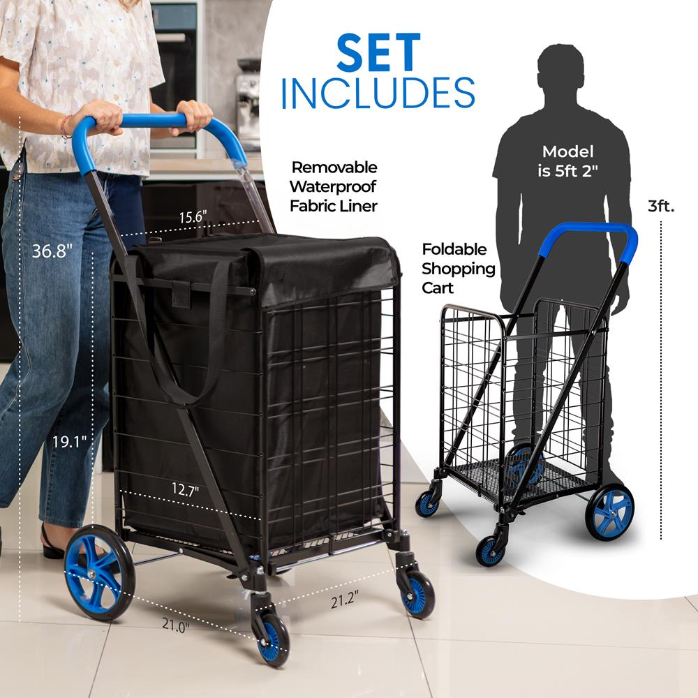 Small Foldable Shopping Cart With Removable Cart Liner, 360 Degree Rolling Swivel Wheels, 70 Lbs. Weight Capacity For Groceries, Laundry And Luggage (Blue)