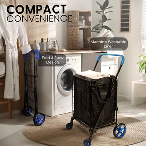 Small Foldable Shopping Cart With Removable Cart Liner, 360 Degree Rolling Swivel Wheels, 70 Lbs. Weight Capacity For Groceries, Laundry And Luggage (Blue)