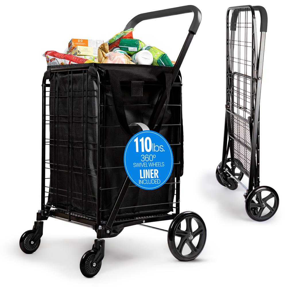 Heavy Duty Foldable Shopping Cart With Removable Cart Liner, 360 Degree Rolling Swivel Wheels, 110 Lbs. Weight Capacity For Groceries, Laundry, Luggage, And More