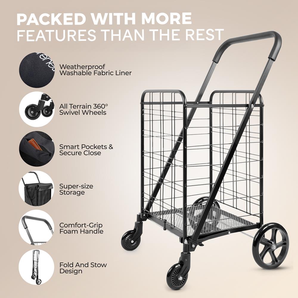 Heavy Duty Foldable Shopping Cart With Removable Cart Liner, 360 Degree Rolling Swivel Wheels, 110 Lbs. Weight Capacity For Groceries, Laundry, Luggage, And More