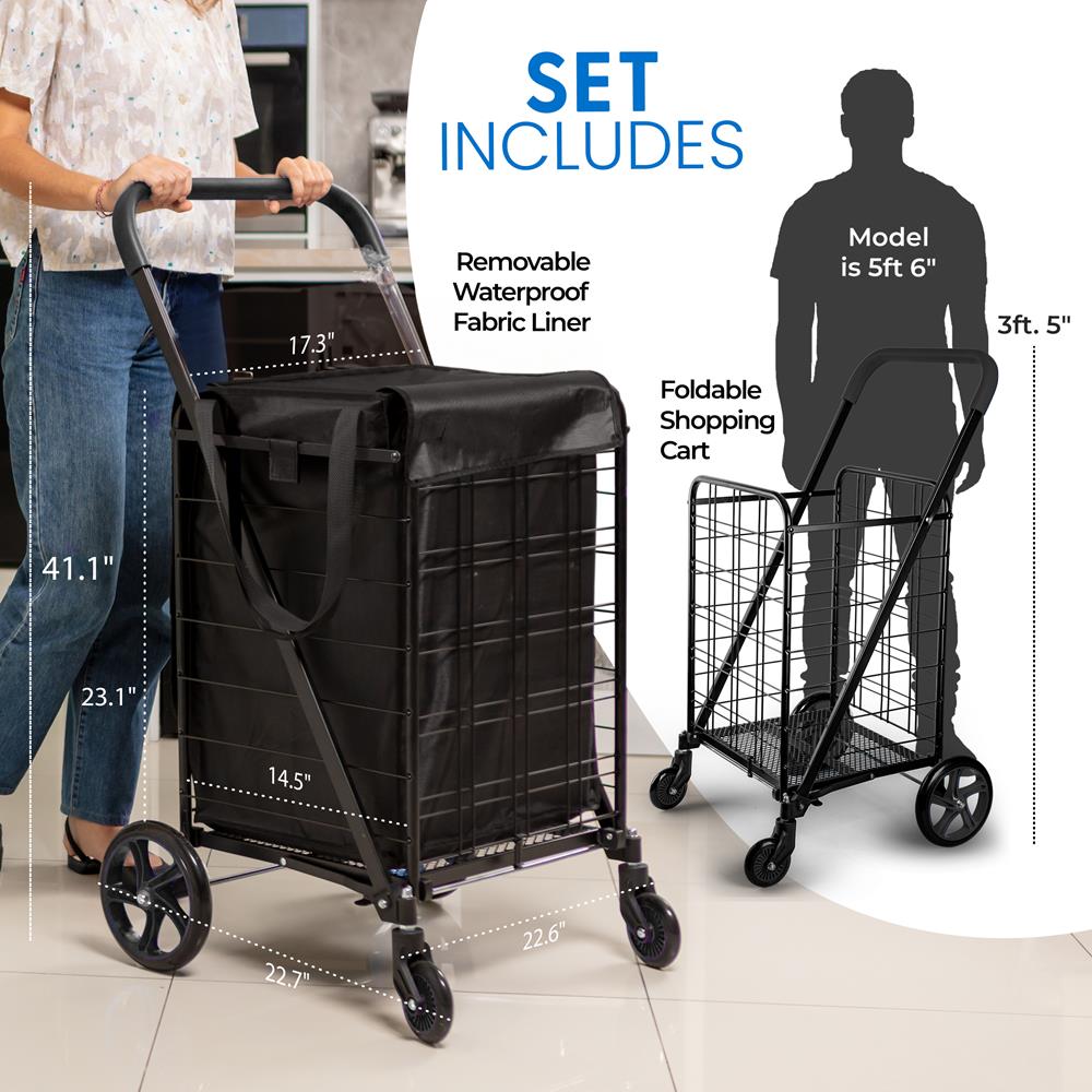 Heavy Duty Foldable Shopping Cart With Removable Cart Liner, 360 Degree Rolling Swivel Wheels, 110 Lbs. Weight Capacity For Groceries, Laundry, Luggage, And More