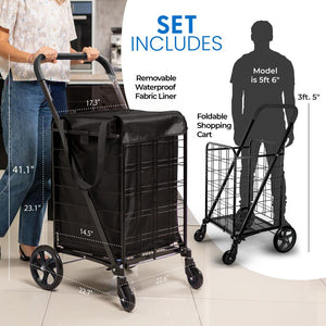 Heavy Duty Foldable Shopping Cart With Removable Cart Liner, 360 Degree Rolling Swivel Wheels, 110 Lbs. Weight Capacity For Groceries, Laundry, Luggage, And More