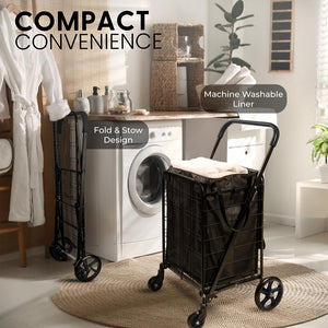 Heavy Duty Foldable Shopping Cart With Removable Cart Liner, 360 Degree Rolling Swivel Wheels, 110 Lbs. Weight Capacity For Groceries, Laundry, Luggage, And More