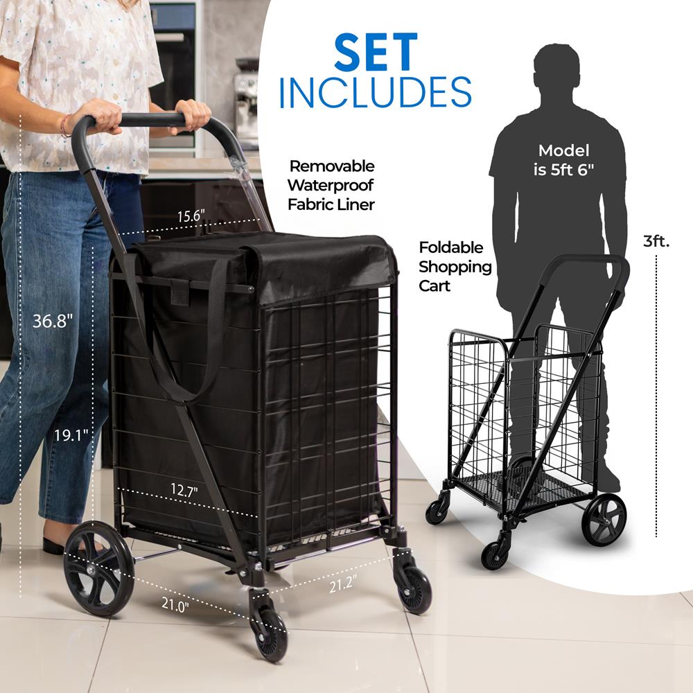 Small Foldable Shopping Cart With Removable Cart Liner, 360 Degree Rolling Swivel Wheels, 70 Lbs. Weight Capacity For Groceries, Laundry And Luggage (Black)