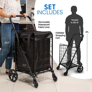 Small Foldable Shopping Cart With Removable Cart Liner, 360 Degree Rolling Swivel Wheels, 70 Lbs. Weight Capacity For Groceries, Laundry And Luggage (Black)