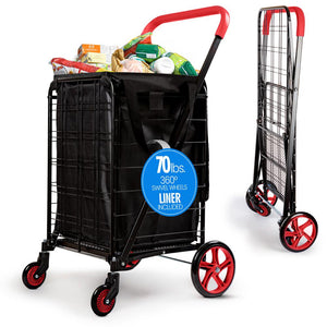 Small Foldable Shopping Cart With Removable Cart Liner, 360 Degree Rolling Swivel Wheels, 70 Lbs. Weight Capacity For Groceries, Laundry And Luggage (Red)