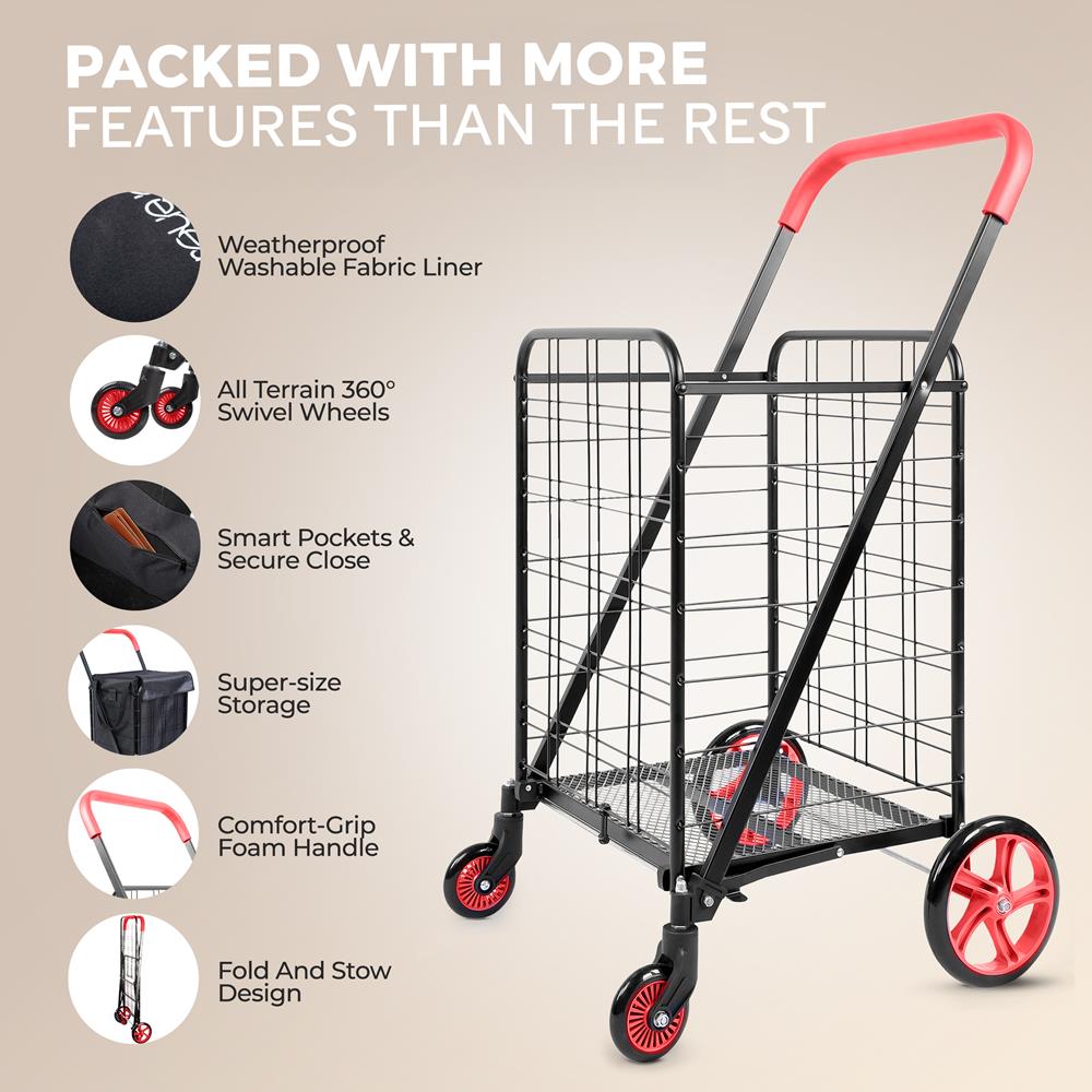 Small Foldable Shopping Cart With Removable Cart Liner, 360 Degree Rolling Swivel Wheels, 70 Lbs. Weight Capacity For Groceries, Laundry And Luggage (Red)