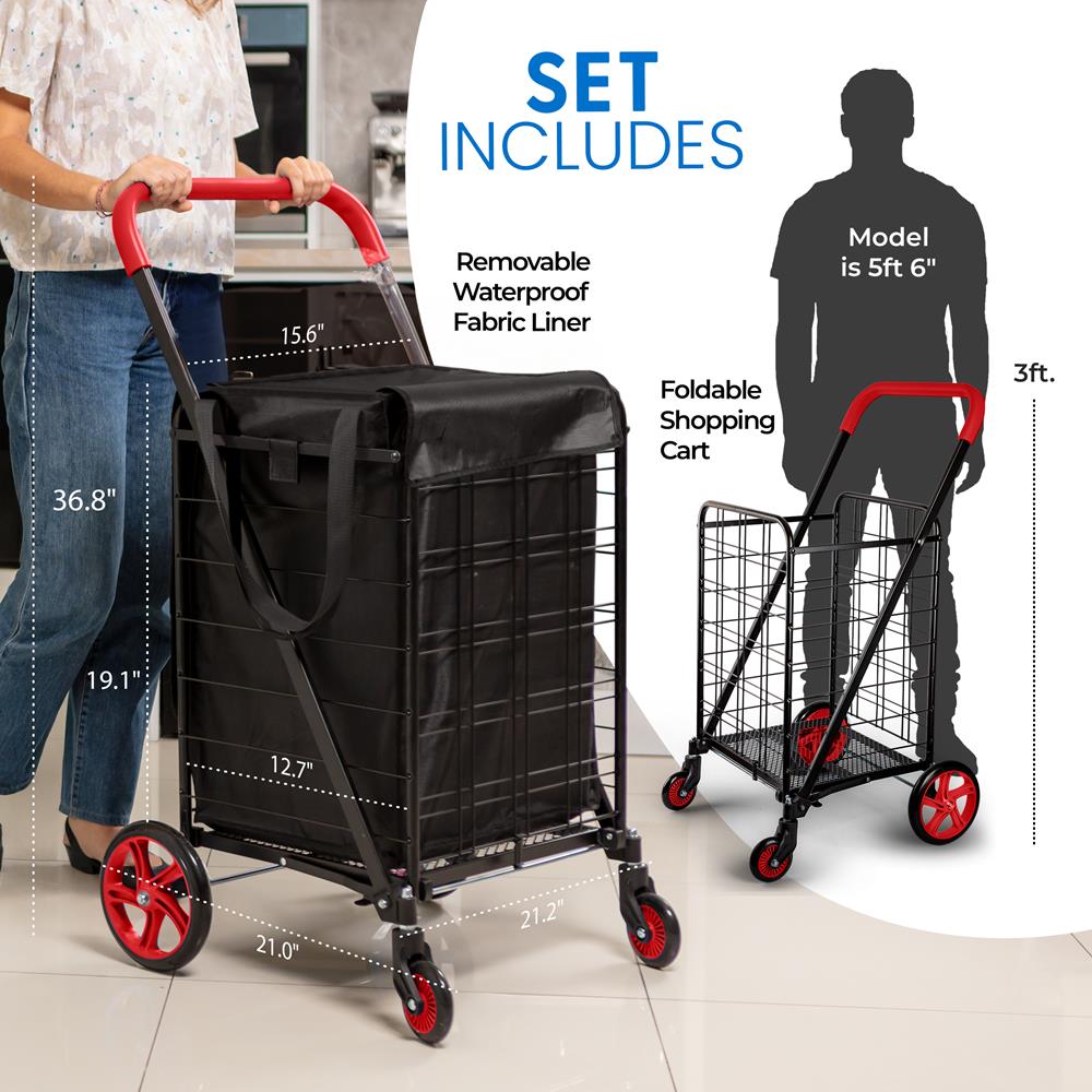 Small Foldable Shopping Cart With Removable Cart Liner, 360 Degree Rolling Swivel Wheels, 70 Lbs. Weight Capacity For Groceries, Laundry And Luggage (Red)