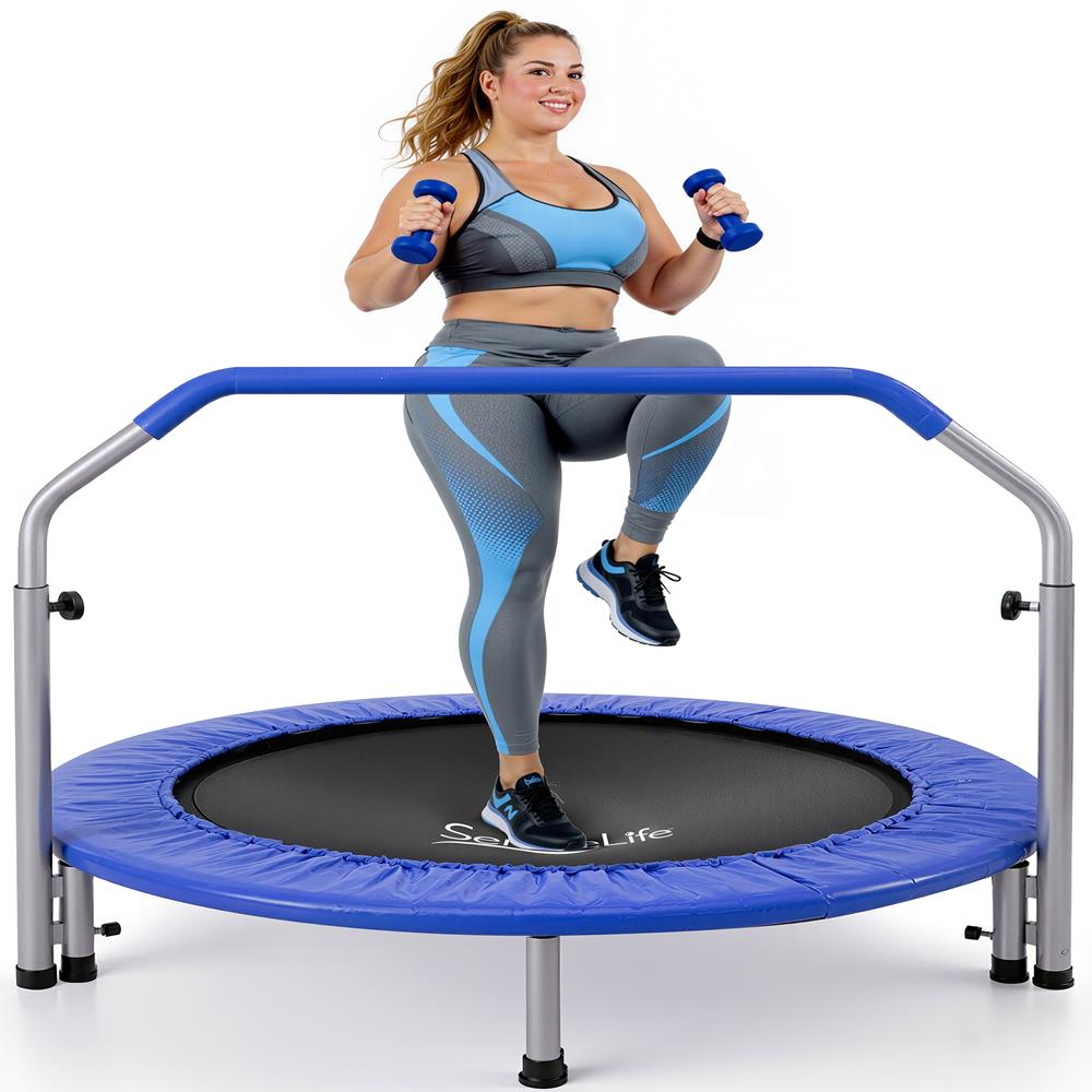 40" Foldable Trampoline, Burn Calories, Adjustable Handrail, Deep Blue