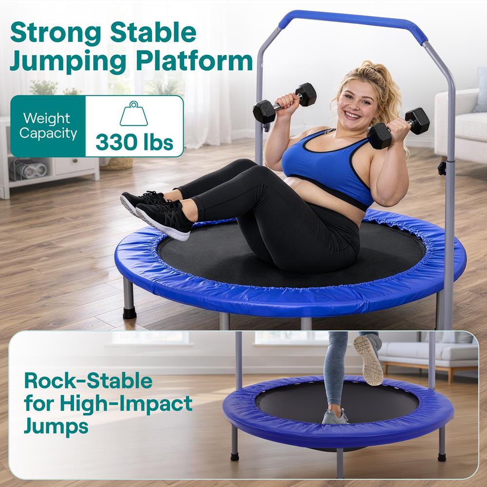 40" Foldable Trampoline, Burn Calories, Adjustable Handrail, Deep Blue