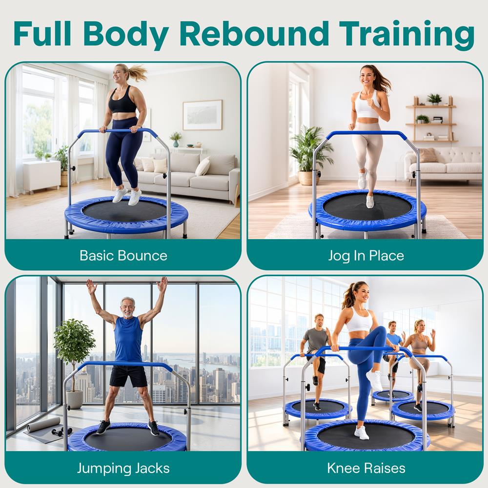 40" Foldable Trampoline, Burn Calories, Adjustable Handrail, Deep Blue