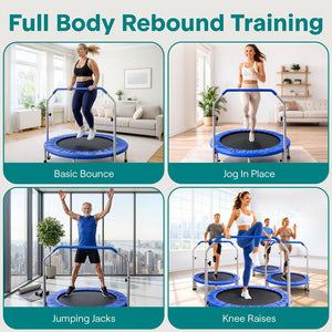 40" Foldable Trampoline, Burn Calories, Adjustable Handrail, Deep Blue