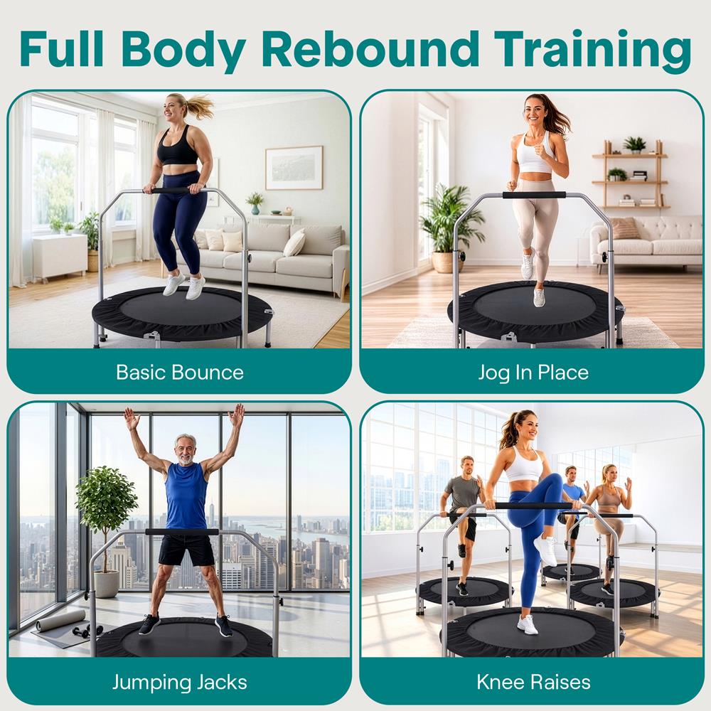 40" Foldable Mini Trampoline, Low-Impact Workout, Adjustable Handrail