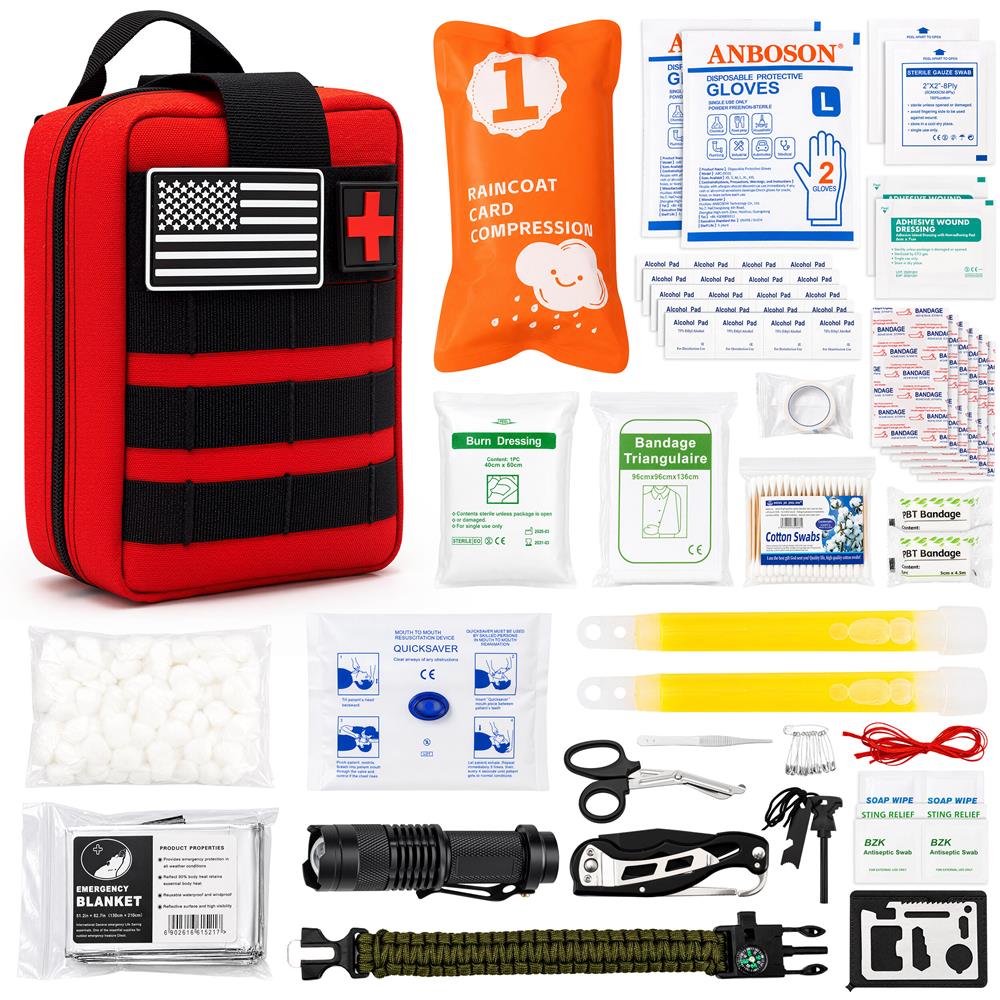 Serenelife Emergency First Aid And Survival Kit - Advanced Medical Supplies, Trauma Care Essentials, Outdoor Survival Gear, And Essential Tools For Home, Vehicle, Travel, Camping, And Disaster Preparedness (Red)