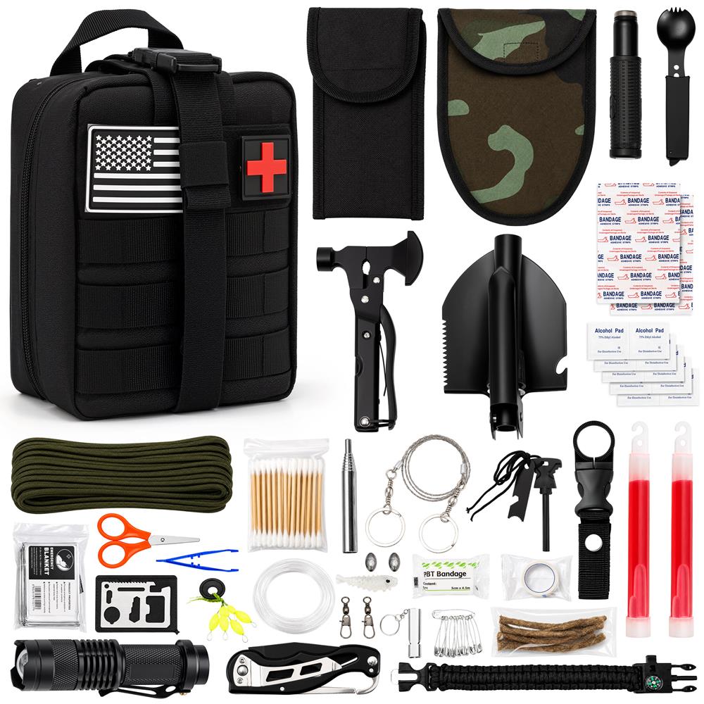 Serenelife Survival Toolkit - All-Purpose Outdoor Emergency Tools And Gear Set With Basic First Aid And Tactical Equipment (Black)