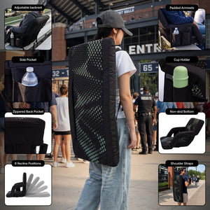 Serenelife 21” Foldable Stadium Chair With Backrest – 6 Adjustable Reclining Angles, Cup Holder, Padded Armrests, And Storage Pockets (Black)
