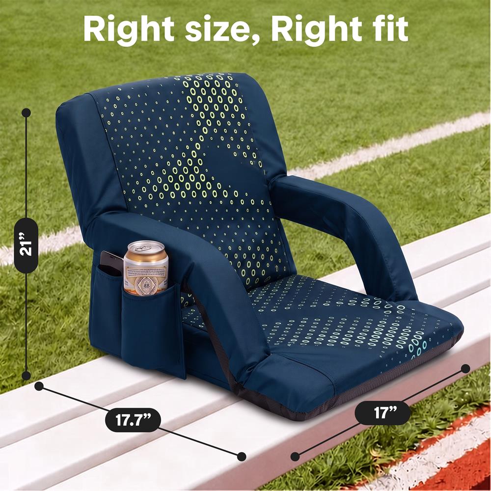 Serenelife 21” Foldable Stadium Chair With Backrest – 6 Adjustable Reclining Angles, Cup Holder, Padded Armrests, And Storage Pockets (Blue)