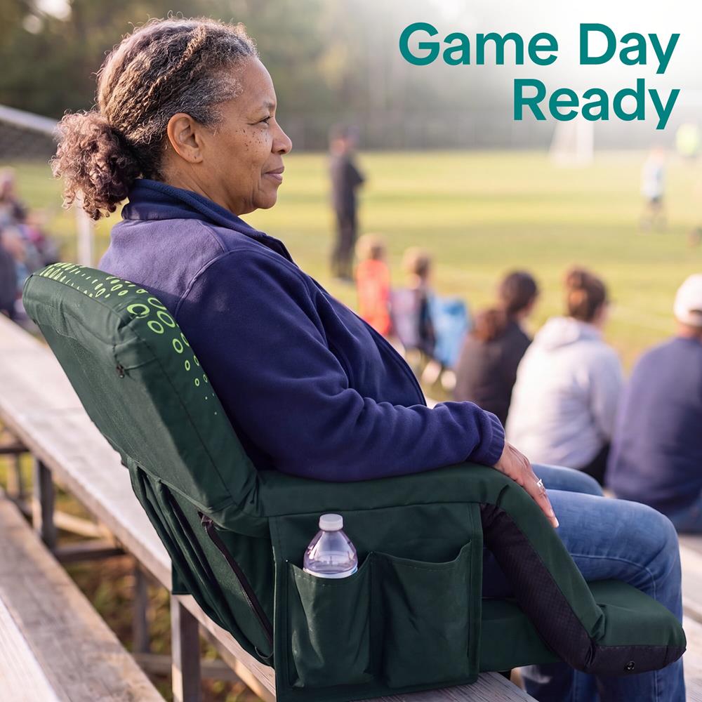 Serenelife 21” Foldable Stadium Chair With Backrest – 6 Adjustable Reclining Angles, Cup Holder, Padded Armrests, And Storage Pockets (Green)